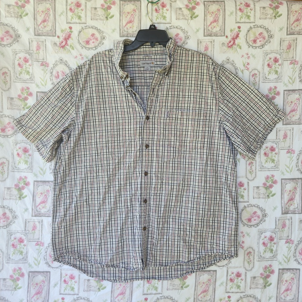 Carhartt Mens 2XL Plaid Short Sleeve Button Down Work Shirt Cotton Brown Green